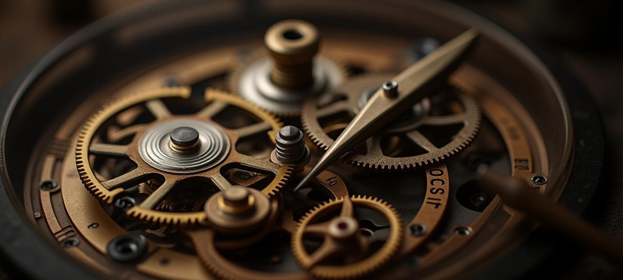 Detailaufnahme eines mechanischen Uhrwerks in handwerklicher Werkstatt